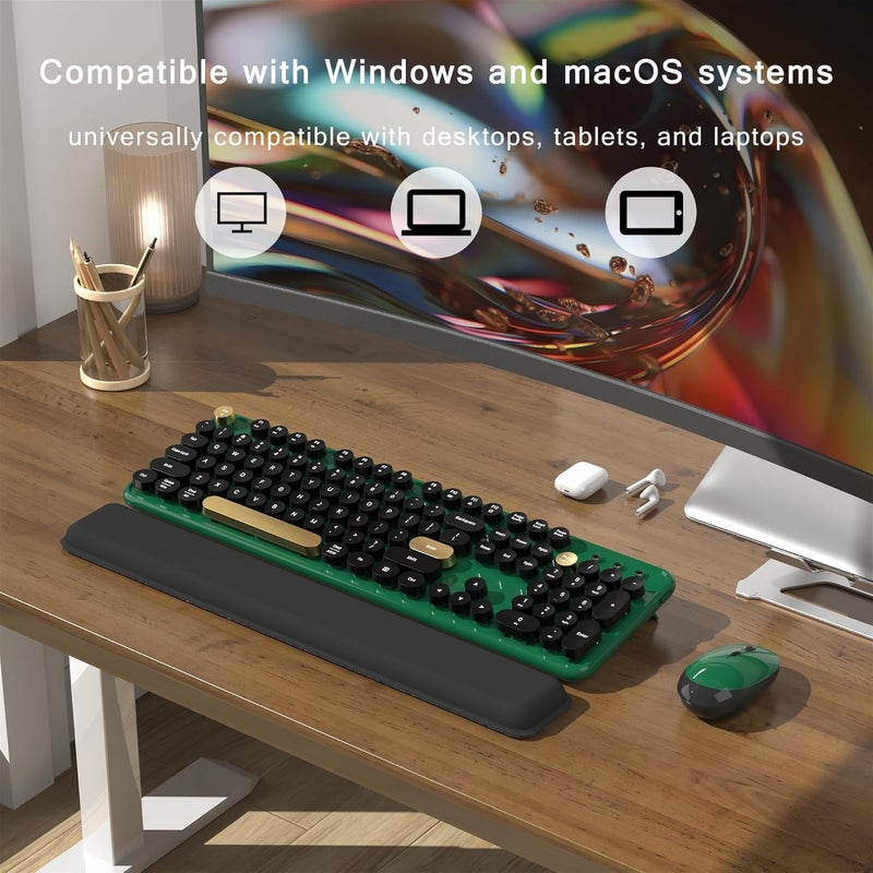 MPTOG Colorful Wireless Computer Keyboard and Mouse Combo with Round Typewriter Keycaps, Retro Design, Power Switch, Ergonomic Design, 2.4GHz Wireless for Windows, Mac, PC(Dark Green) - Image 3